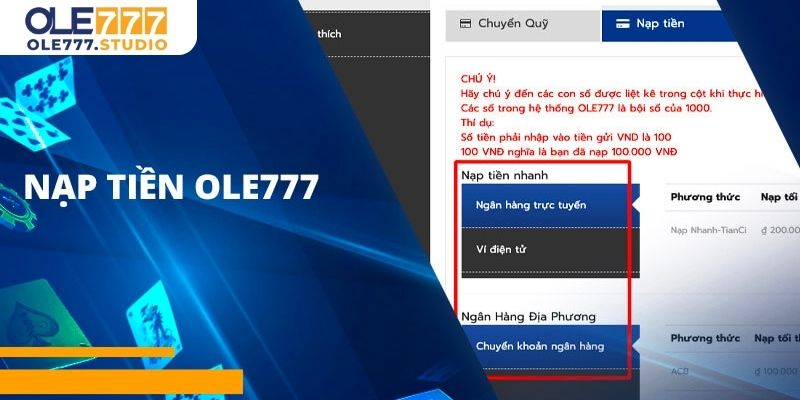 Phương thức gửi tiền Ole777 thuận tiện
